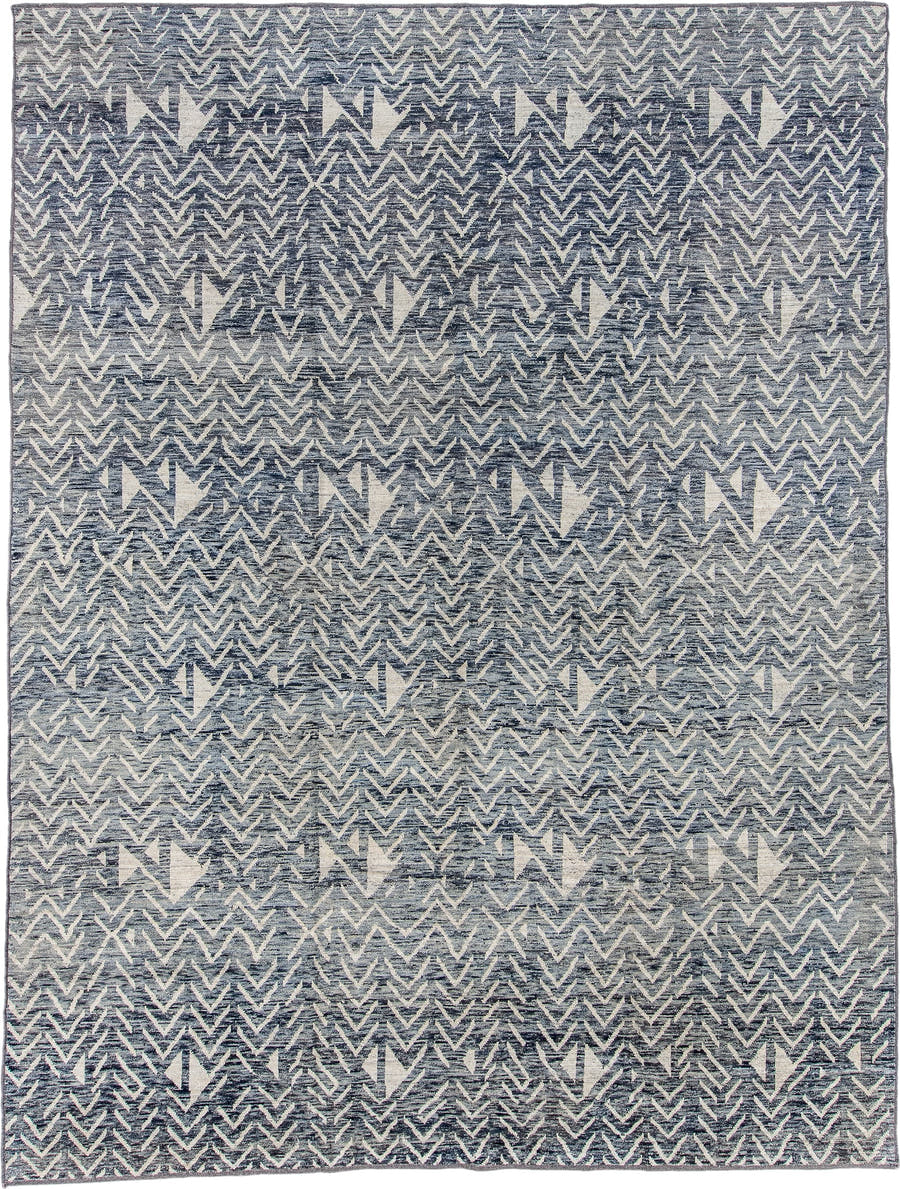 9' x 12' one-of-a-kind handmade vintage Tulu large size rug. Color palette: blue_gray, ivory, slate, charcoal, gray, blue