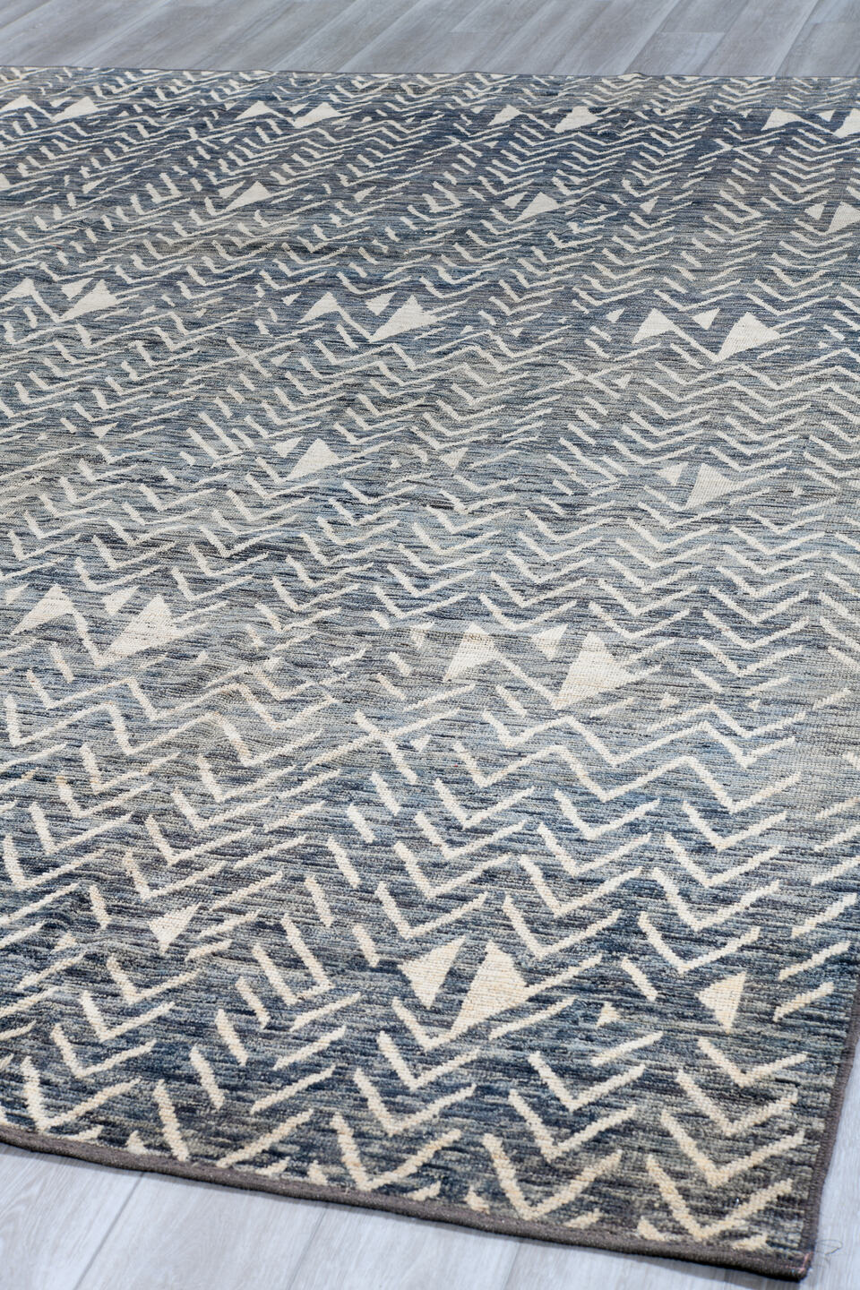 9' x 12' one-of-a-kind handmade vintage Tulu large size rug. Color palette: blue_gray, ivory, slate, charcoal, gray, blue