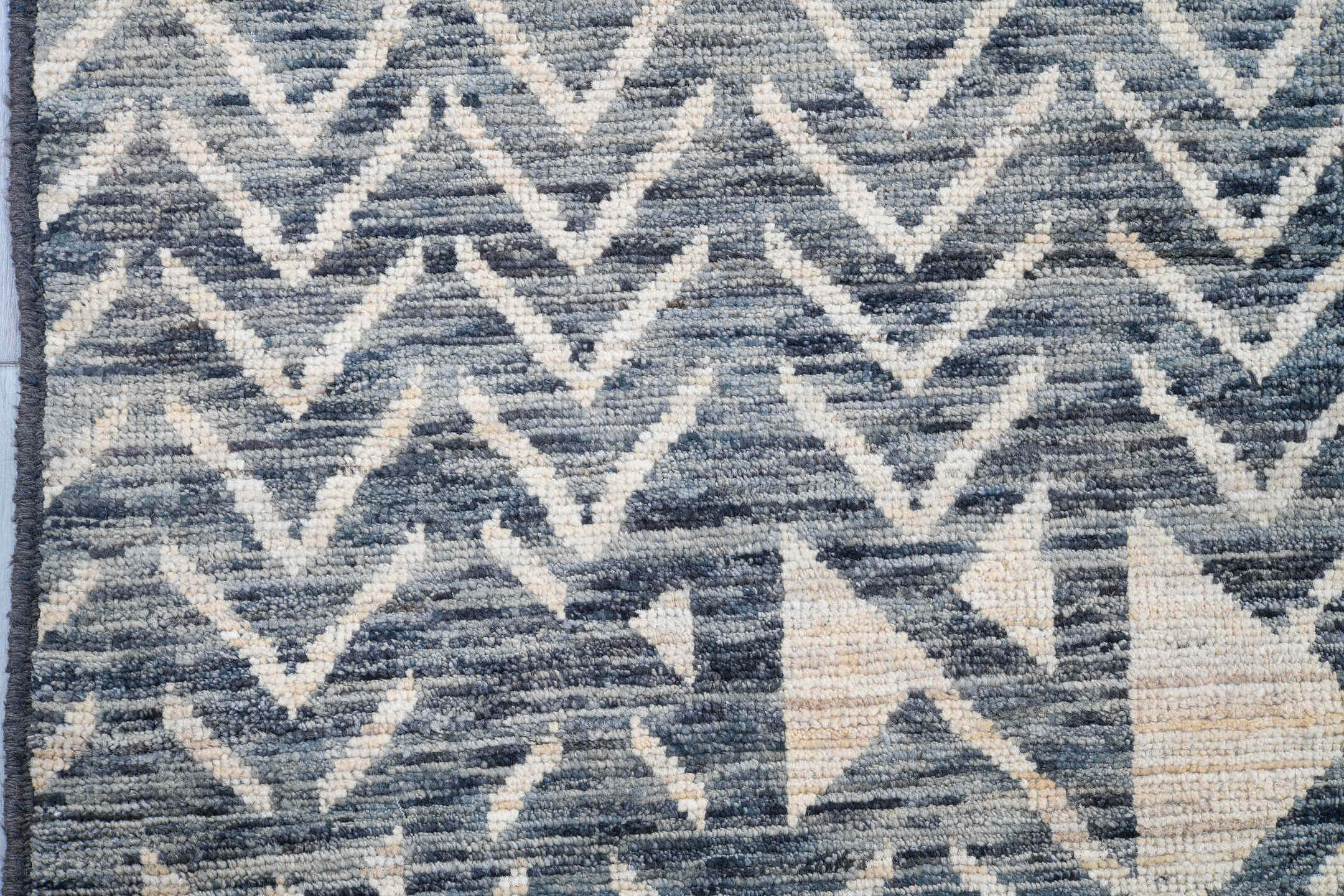 9' x 12' one-of-a-kind handmade vintage Tulu large size rug. Color palette: black, blue, dark gray, dim gray, fiord