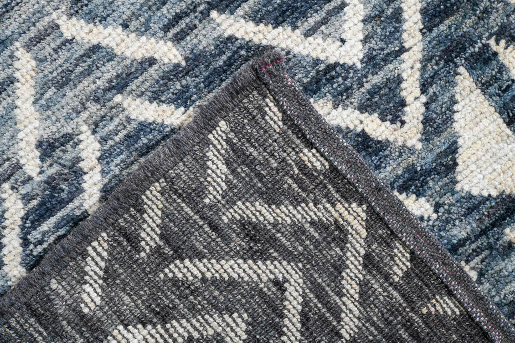 9' x 12' one-of-a-kind handmade vintage Tulu large size rug. Color palette: black, blue, dark gray, dim gray, fiord