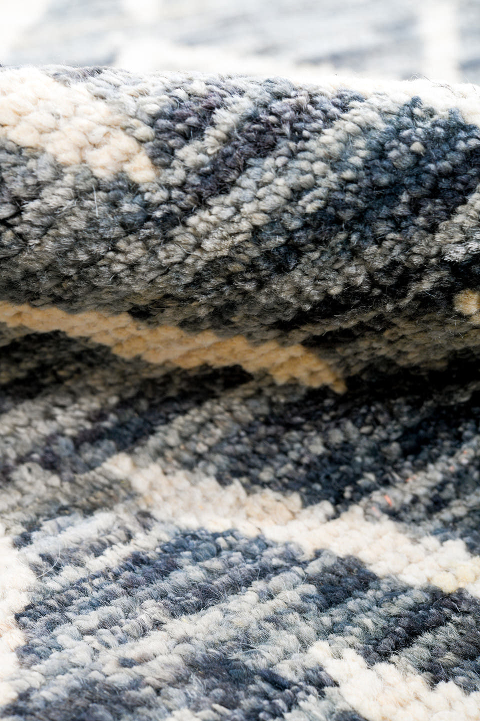 9' x 12' one-of-a-kind handmade vintage Tulu large size rug. Color palette: blue_gray, ivory, slate, charcoal, gray, blue
