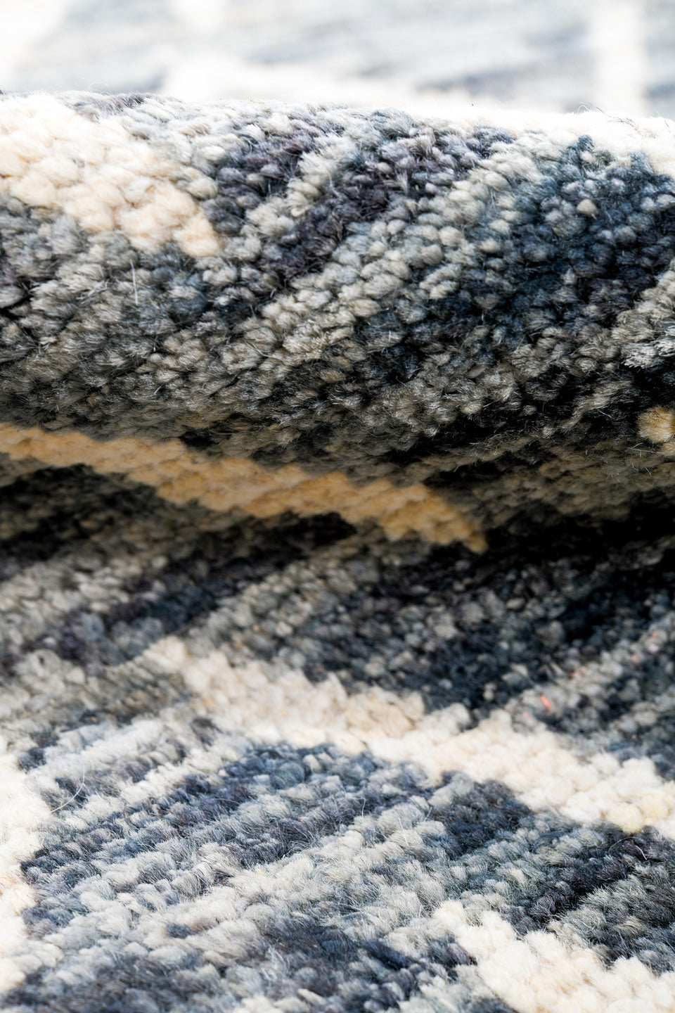 9' x 12' one-of-a-kind handmade vintage Tulu large size rug. Color palette: black, blue, dark gray, dim gray, fiord