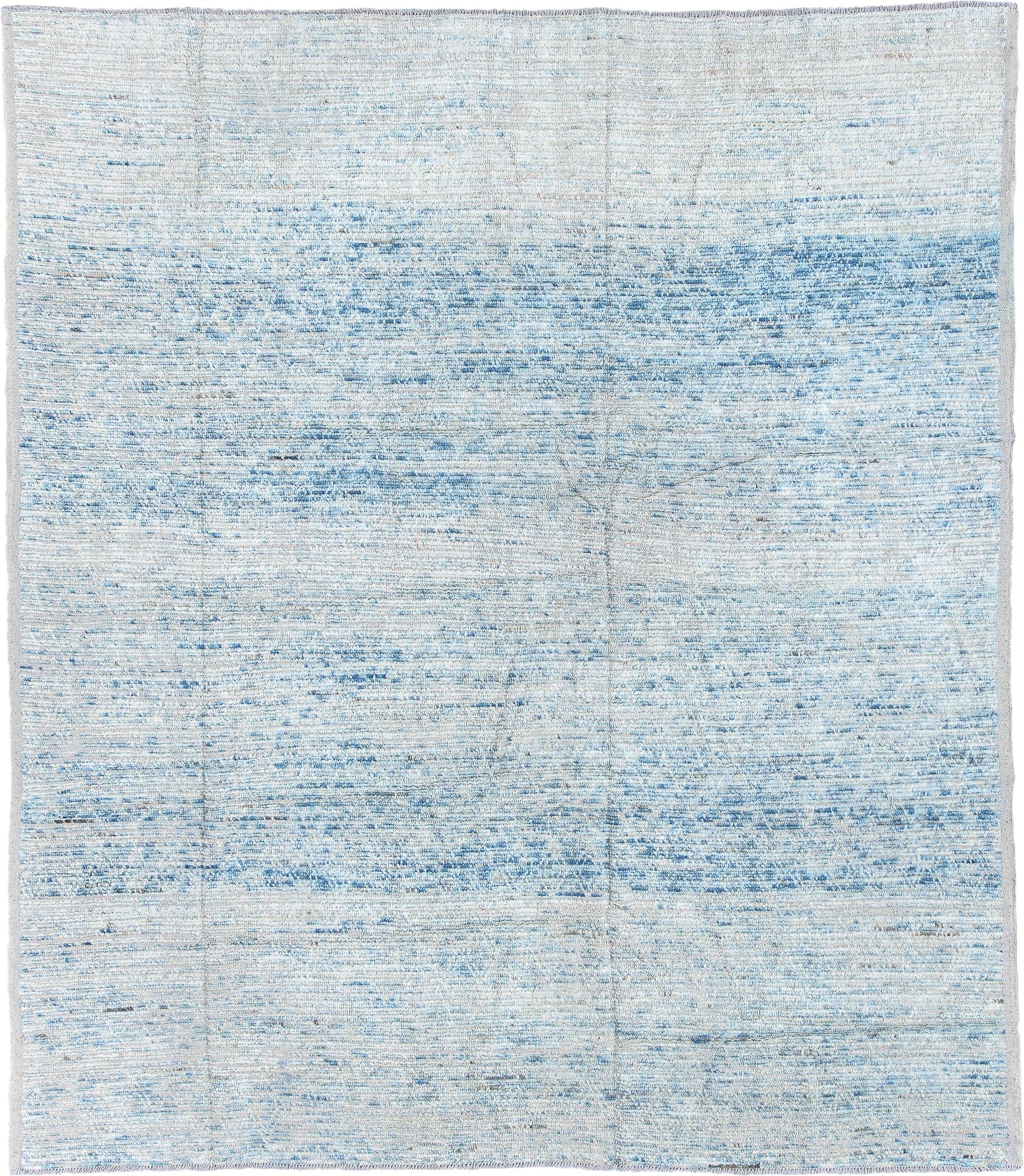 8' x 9' one-of-a-kind handmade vintage Tulu rug. Color palette: ivory, sky blue, ice blue, pale gray, light blue, light gray