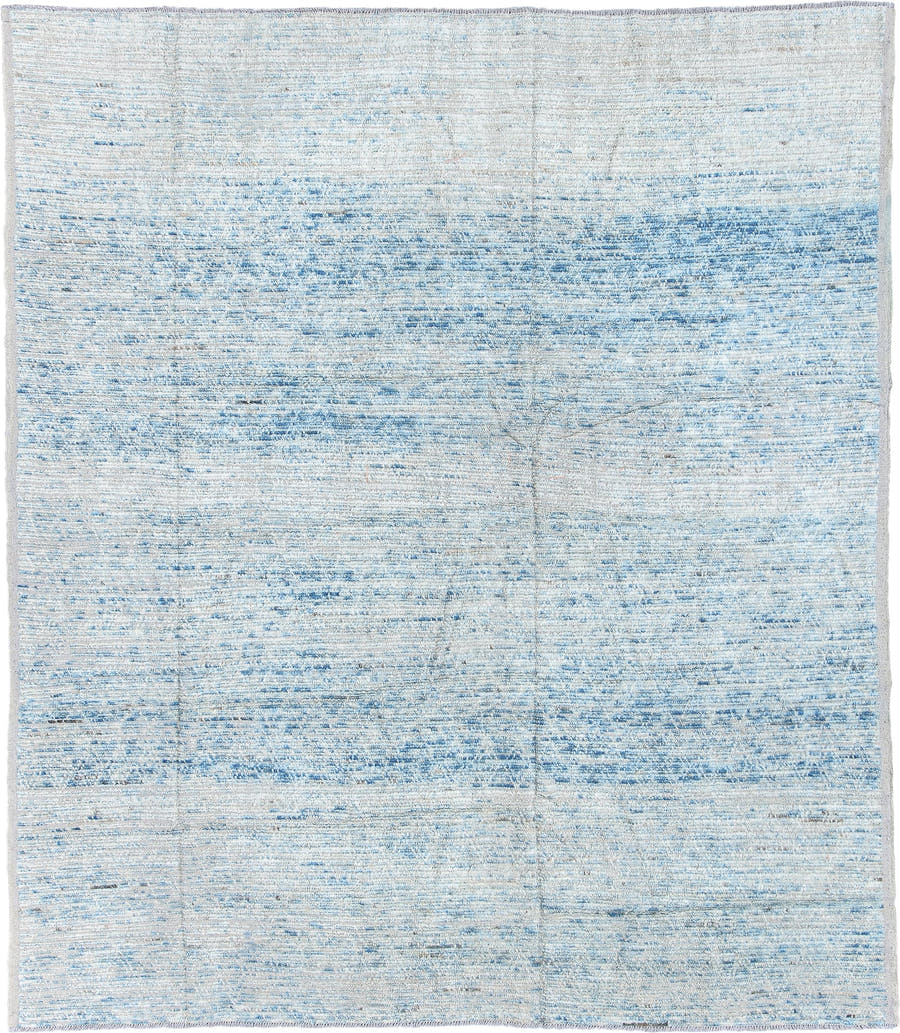 8' x 9' one-of-a-kind handmade vintage Tulu rug. Color palette: ivory, sky blue, ice blue, pale gray, light blue, light gray