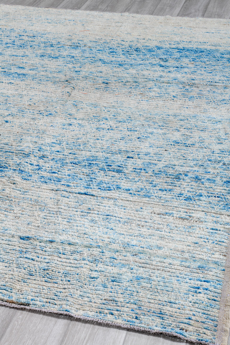 8' x 9' one-of-a-kind handmade vintage Tulu rug. Color palette: ivory, sky blue, ice blue, pale gray, light blue, light gray