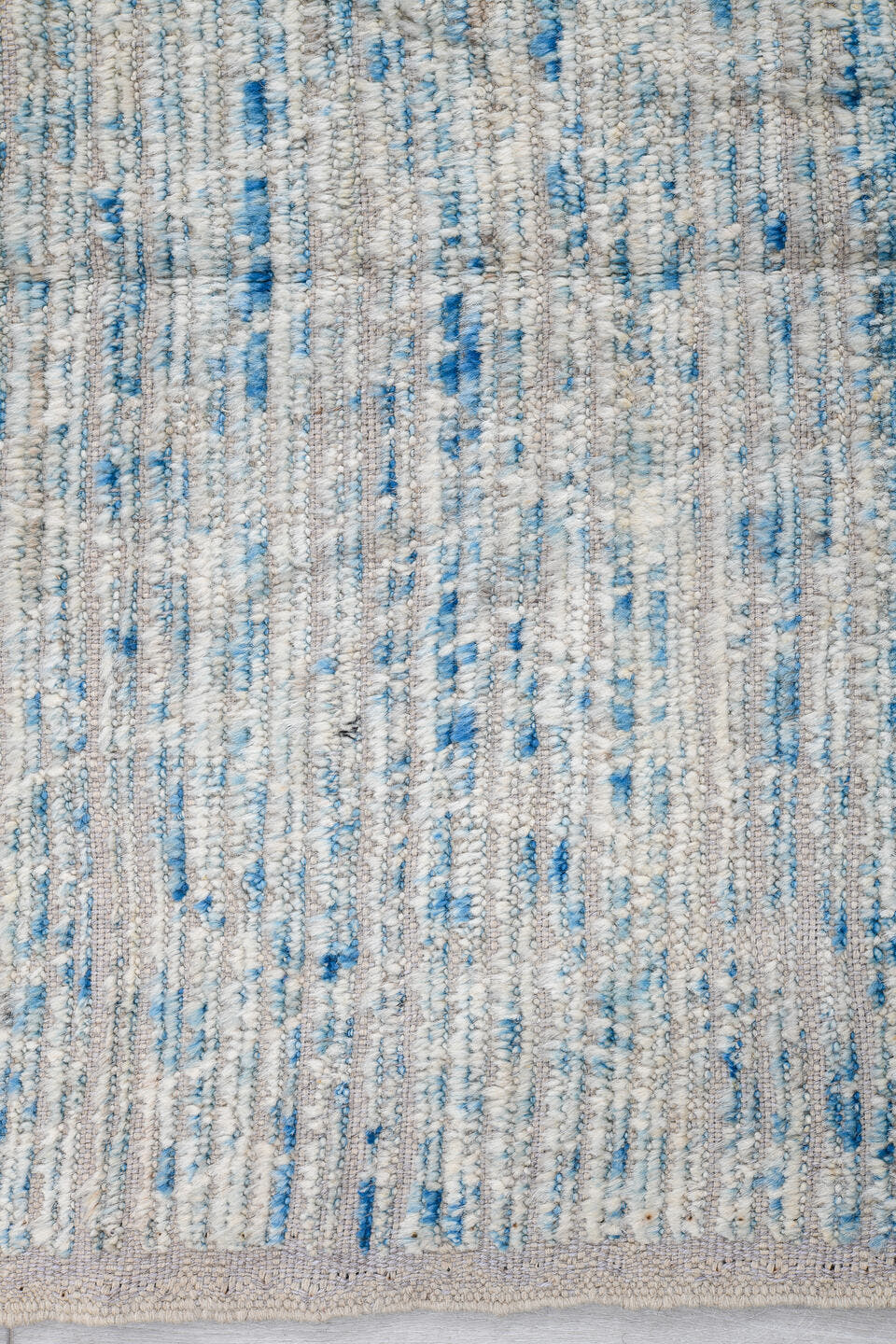 8' x 9' one-of-a-kind handmade vintage Tulu rug. Color palette: ivory, sky blue, ice blue, pale gray, light blue, light gray