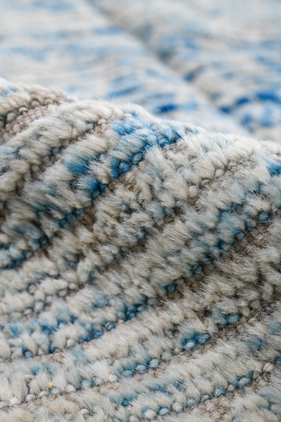 8' x 9' one-of-a-kind handmade vintage Tulu rug. Color palette: ivory, sky blue, ice blue, pale gray, light blue, light gray