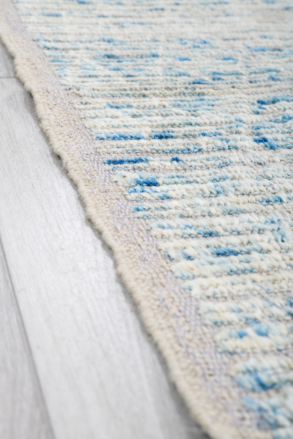 8' x 9' one-of-a-kind handmade vintage Tulu rug. Color palette: ivory, sky blue, ice blue, pale gray, light blue, light gray