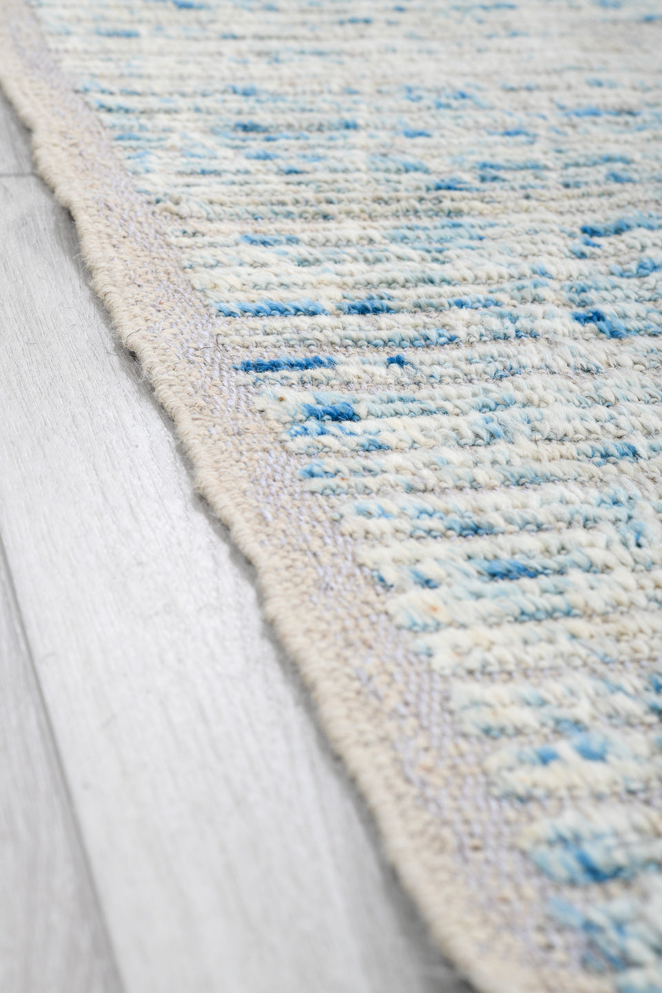 8' x 9' one-of-a-kind handmade vintage Tulu rug. Color palette: ivory, sky blue, ice blue, pale gray, light blue, light gray