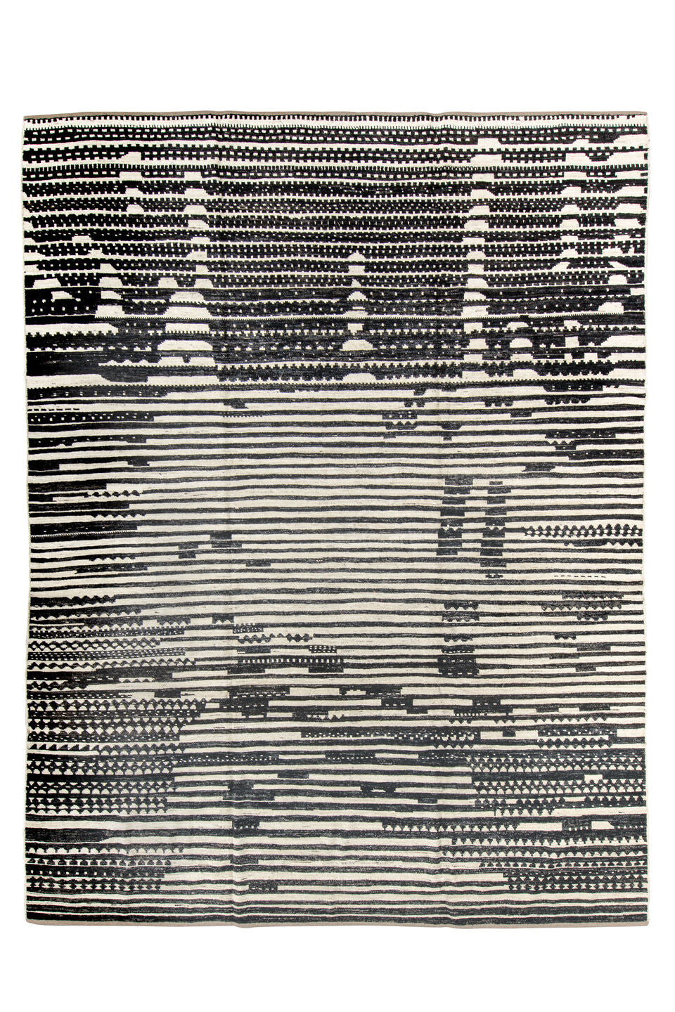 10' x 13' one-of-a-kind handmade vintage Tulu large size rug. Color palette: black, blue, brown, charcoal, dark gray