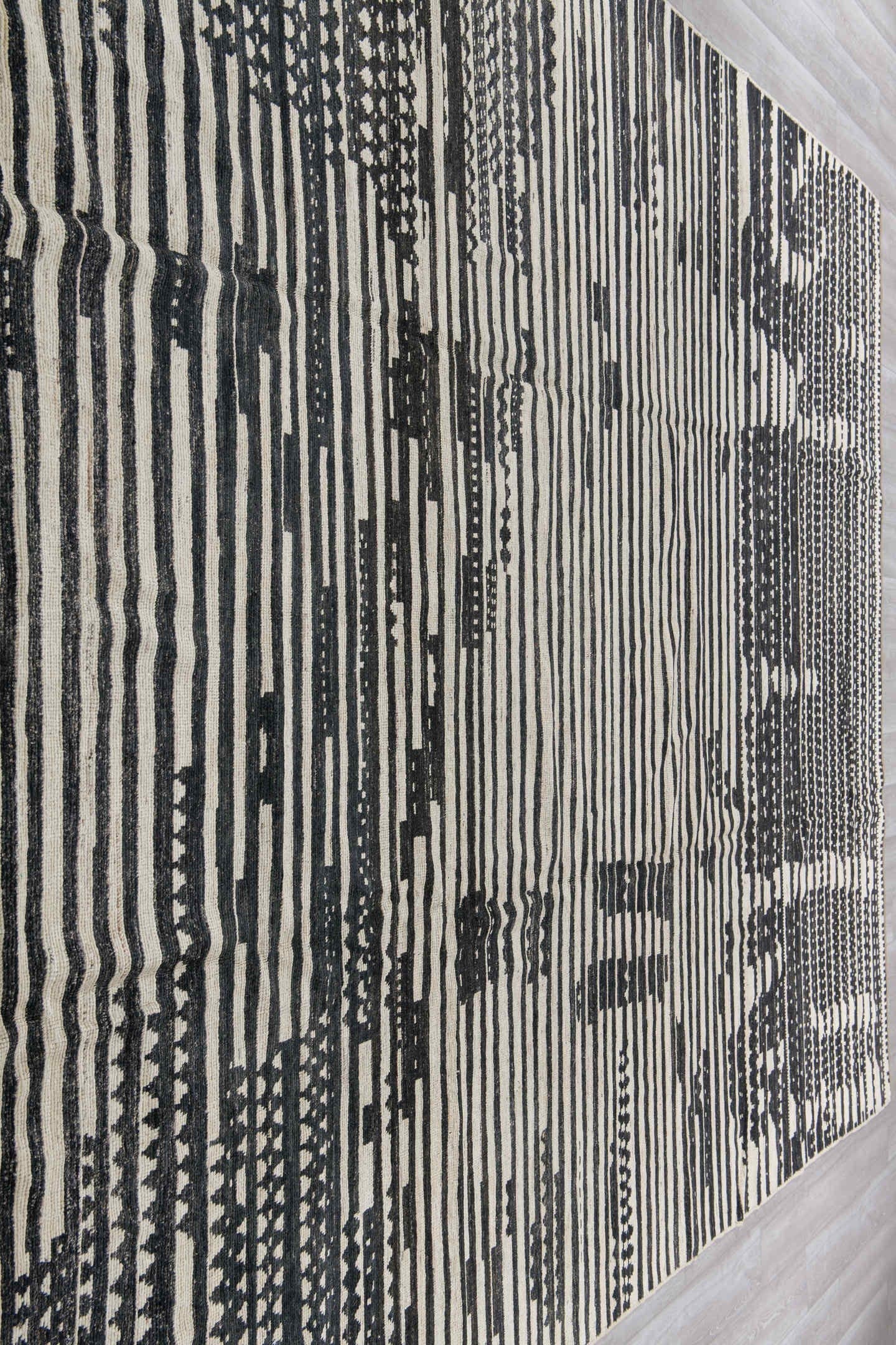 10' x 13' one-of-a-kind handmade vintage Tulu large size rug. Color palette: ivory, charcoal, black, gray