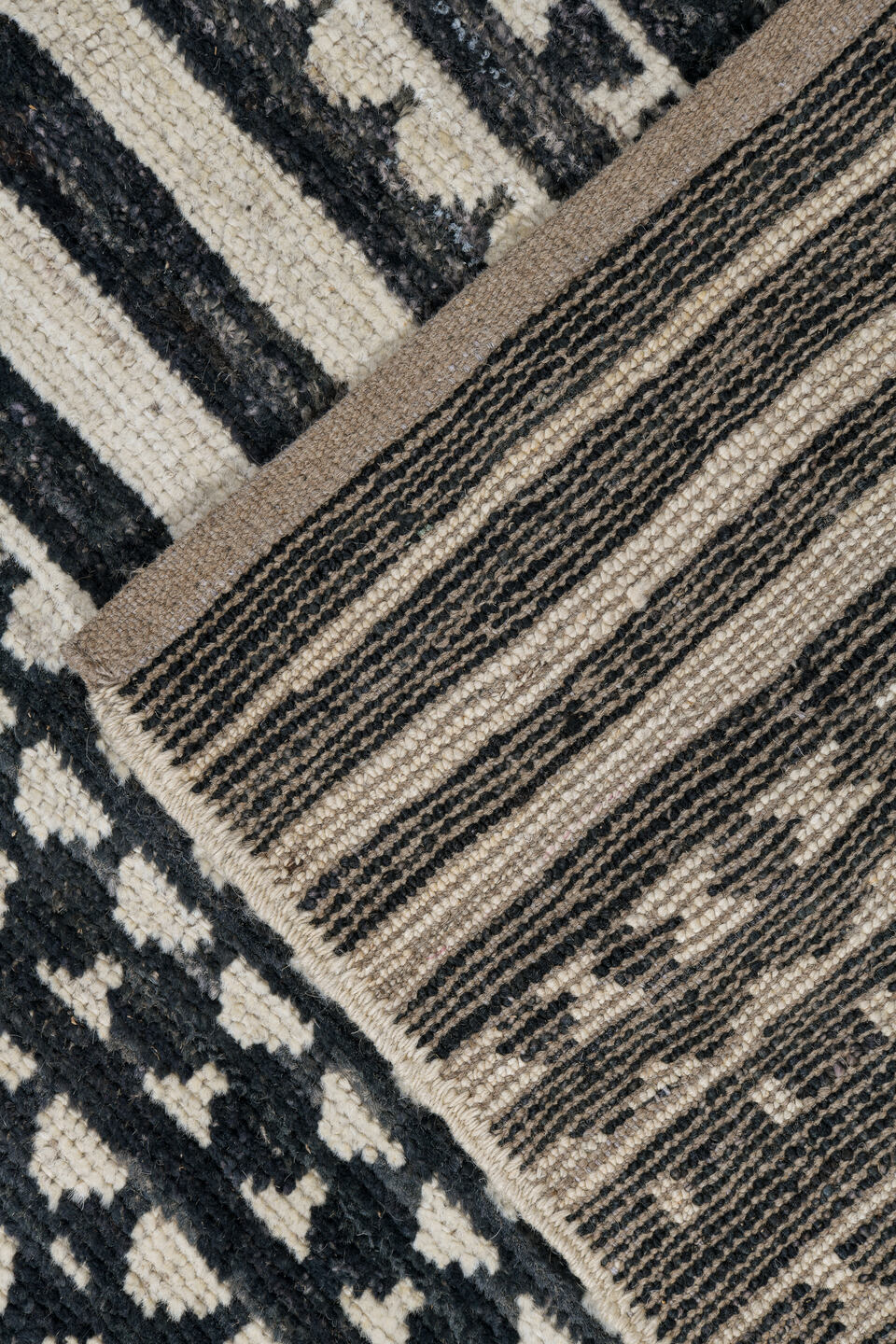 10' x 13' one-of-a-kind handmade vintage Tulu large size rug. Color palette: black, blue, brown, charcoal, dark gray