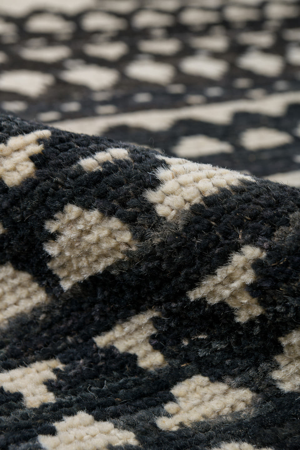 10' x 13' one-of-a-kind handmade vintage Tulu large size rug. Color palette: ivory, charcoal, black, gray