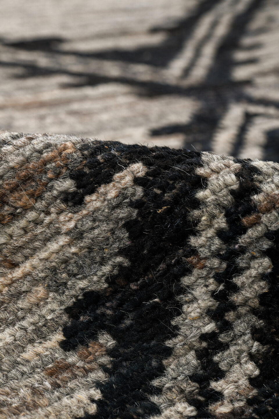 7' x 10' one-of-a-kind handmade vintage Tulu large size rug. Color palette: black, charcoal, dark gray, gray, light gray