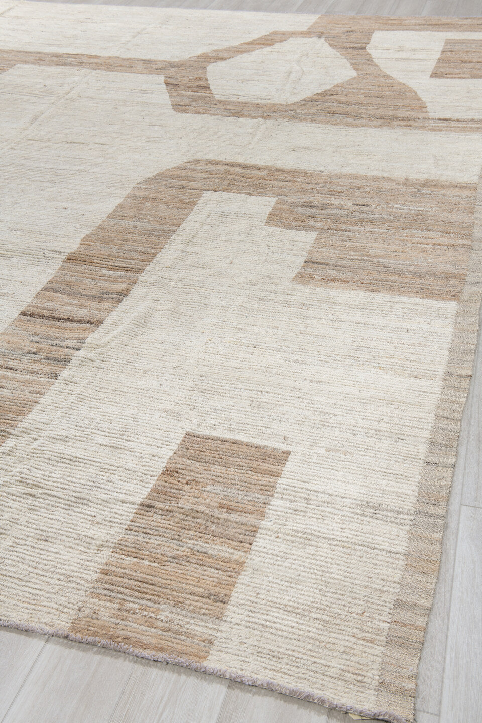 10' x 14' one-of-a-kind handmade vintage Tulu oversize rug. Color palette: ivory, camel, taupe, cream, beige, gray