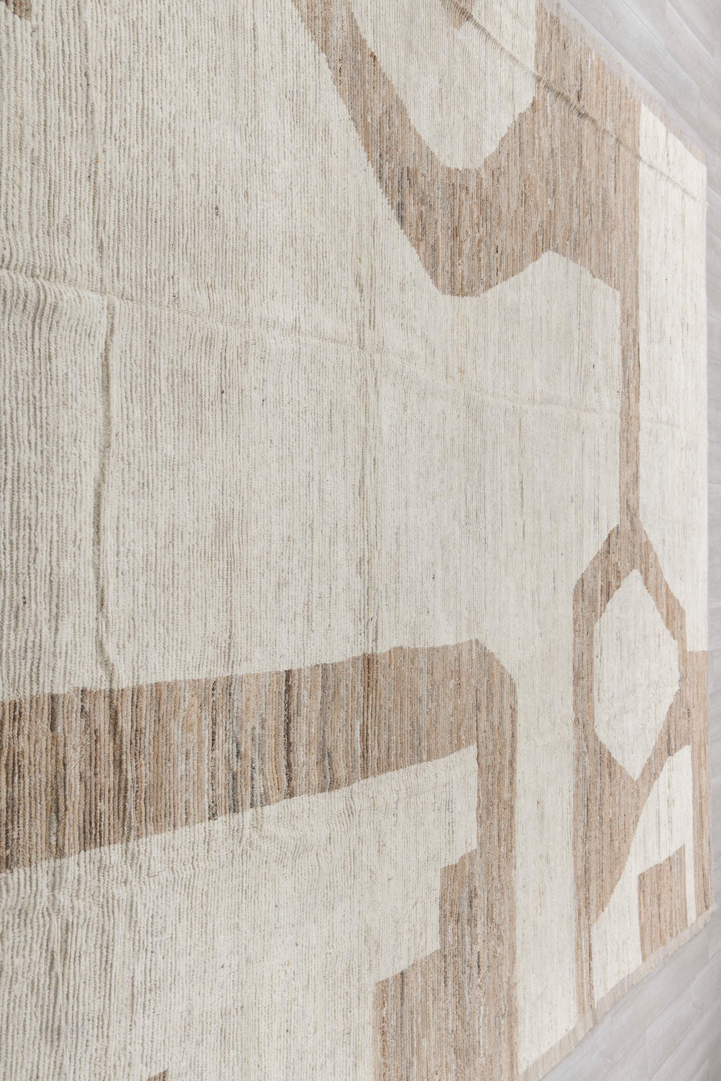 10' x 14' one-of-a-kind handmade vintage Tulu oversize rug. Color palette: ivory, camel, taupe, cream, beige, gray