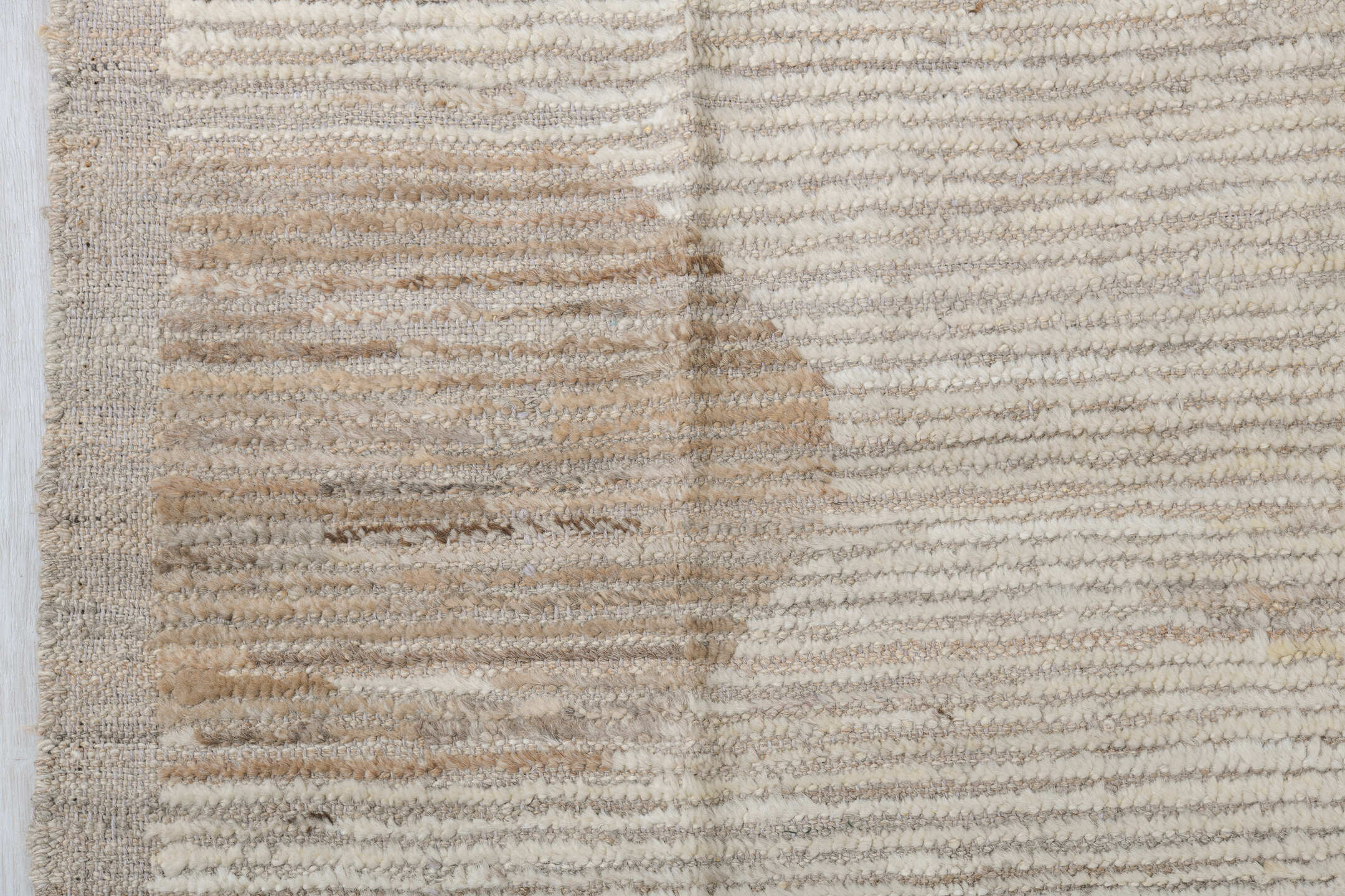 10' x 14' one-of-a-kind handmade vintage Tulu oversize rug. Color palette: ivory, camel, taupe, cream, beige, gray