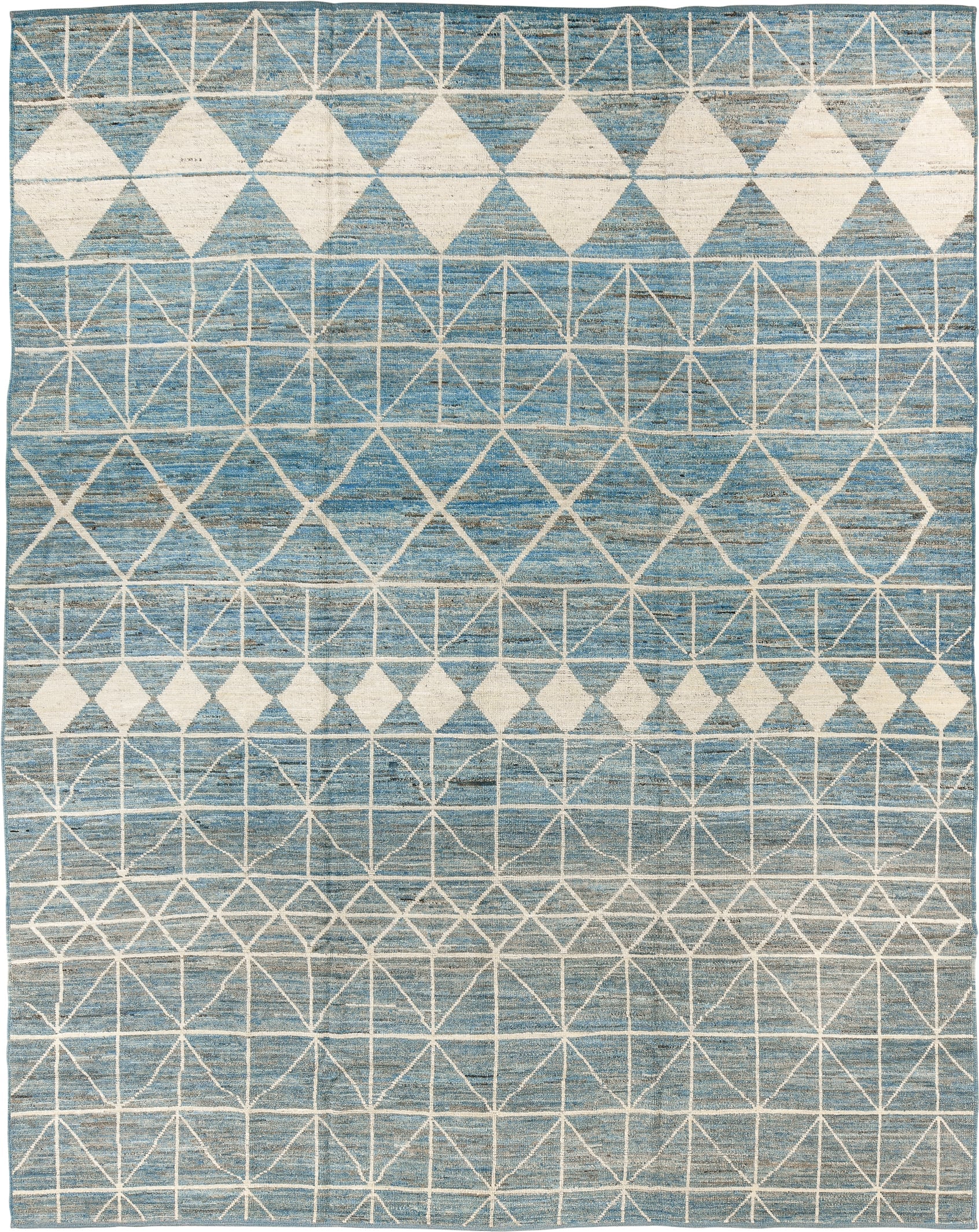 9' x 11' one-of-a-kind handmade vintage Tulu large size rug. Color palette: sky blue, ivory, slate, cream, light blue, gray