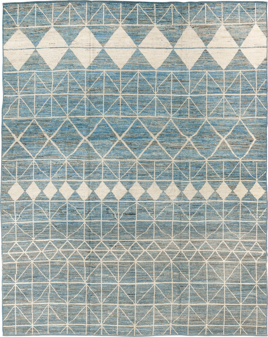 9' x 11' one-of-a-kind handmade vintage Tulu large size rug. Color palette: sky blue, ivory, slate, cream, light blue, gray