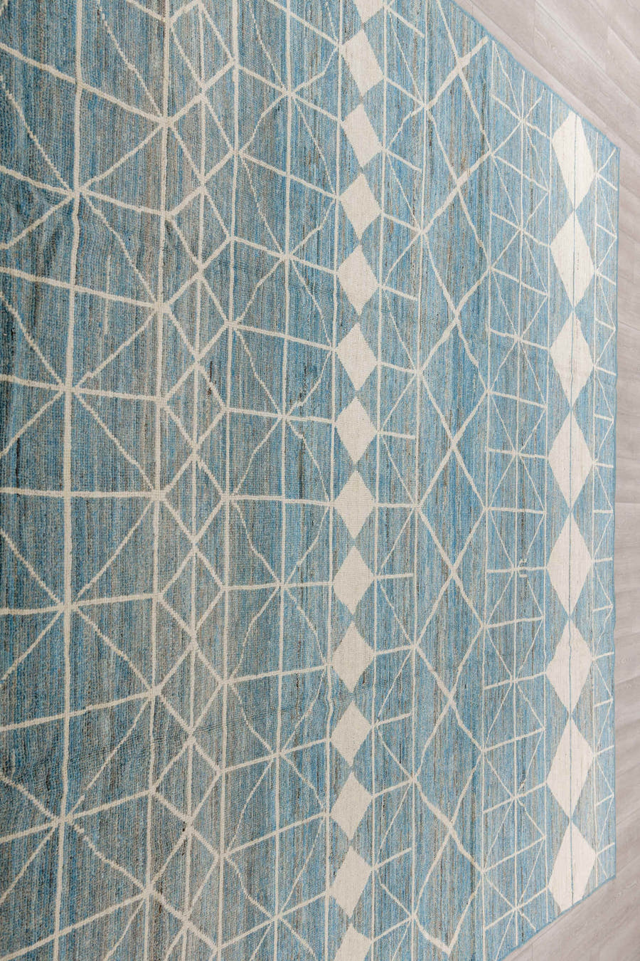 9' x 11' one-of-a-kind handmade vintage Tulu large size rug. Color palette: sky blue, ivory, slate, cream, light blue, gray