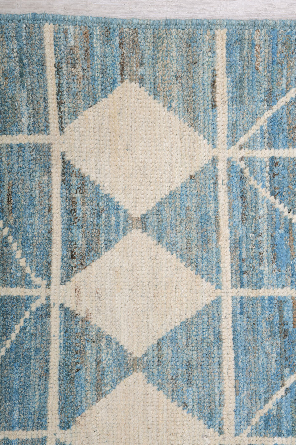 9' x 11' one-of-a-kind handmade vintage Tulu large size rug. Color palette: sky blue, ivory, slate, cream, light blue, gray
