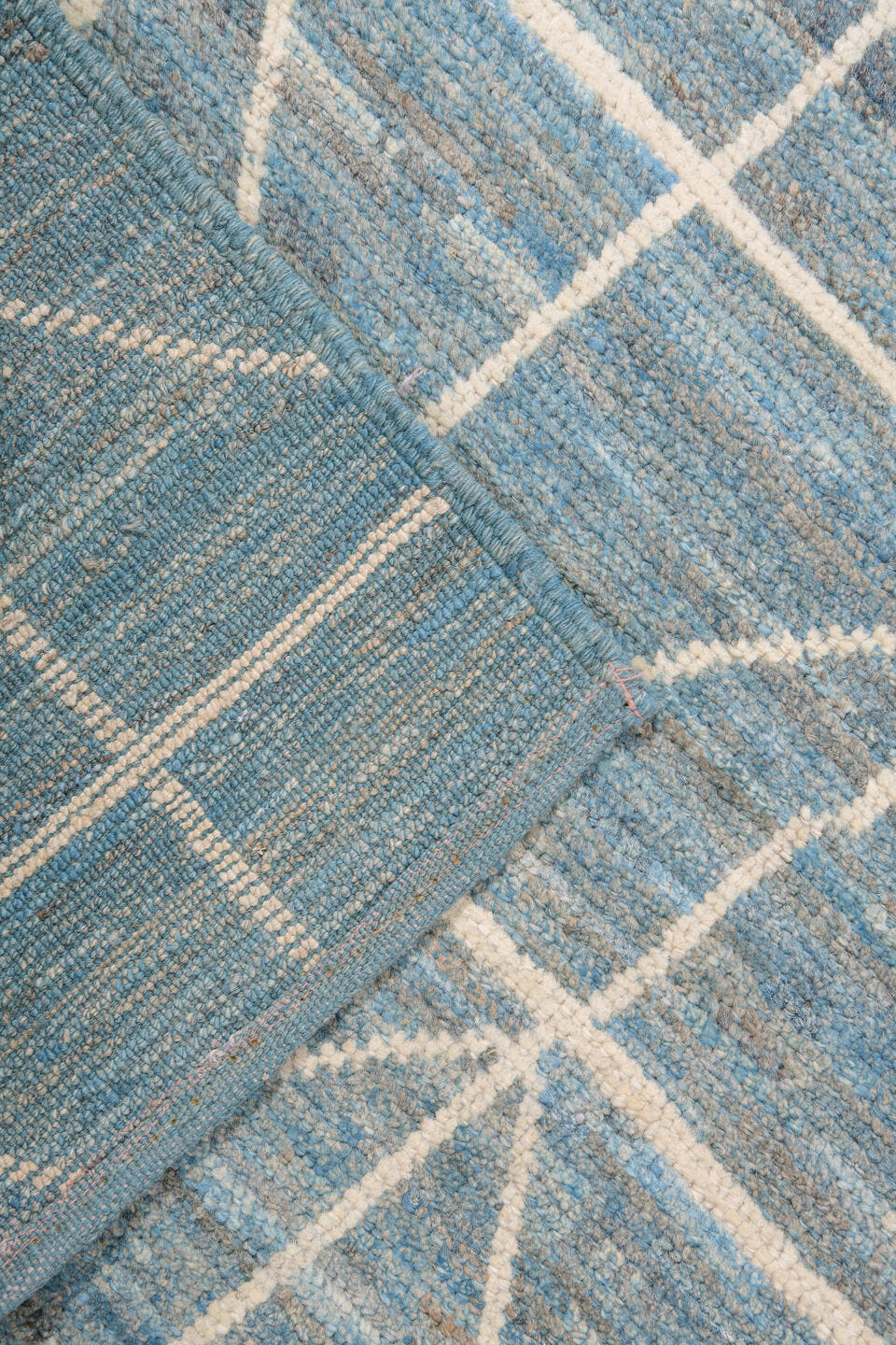 9' x 11' one-of-a-kind handmade vintage Tulu large size rug. Color palette: sky blue, ivory, slate, cream, light blue, gray