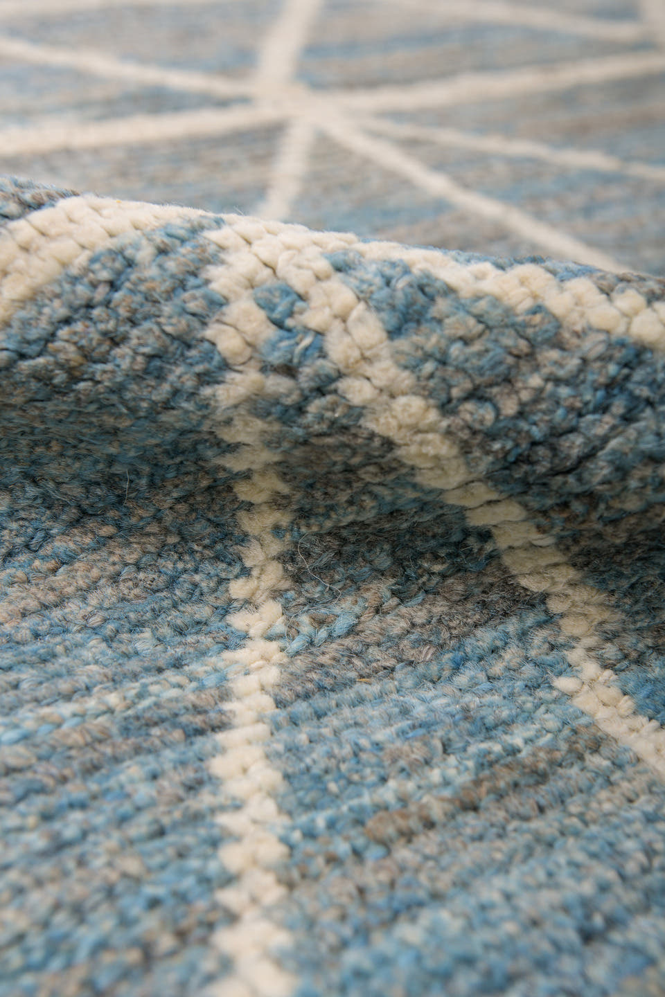 9' x 11' one-of-a-kind handmade vintage Tulu large size rug. Color palette: sky blue, ivory, slate, cream, light blue, gray