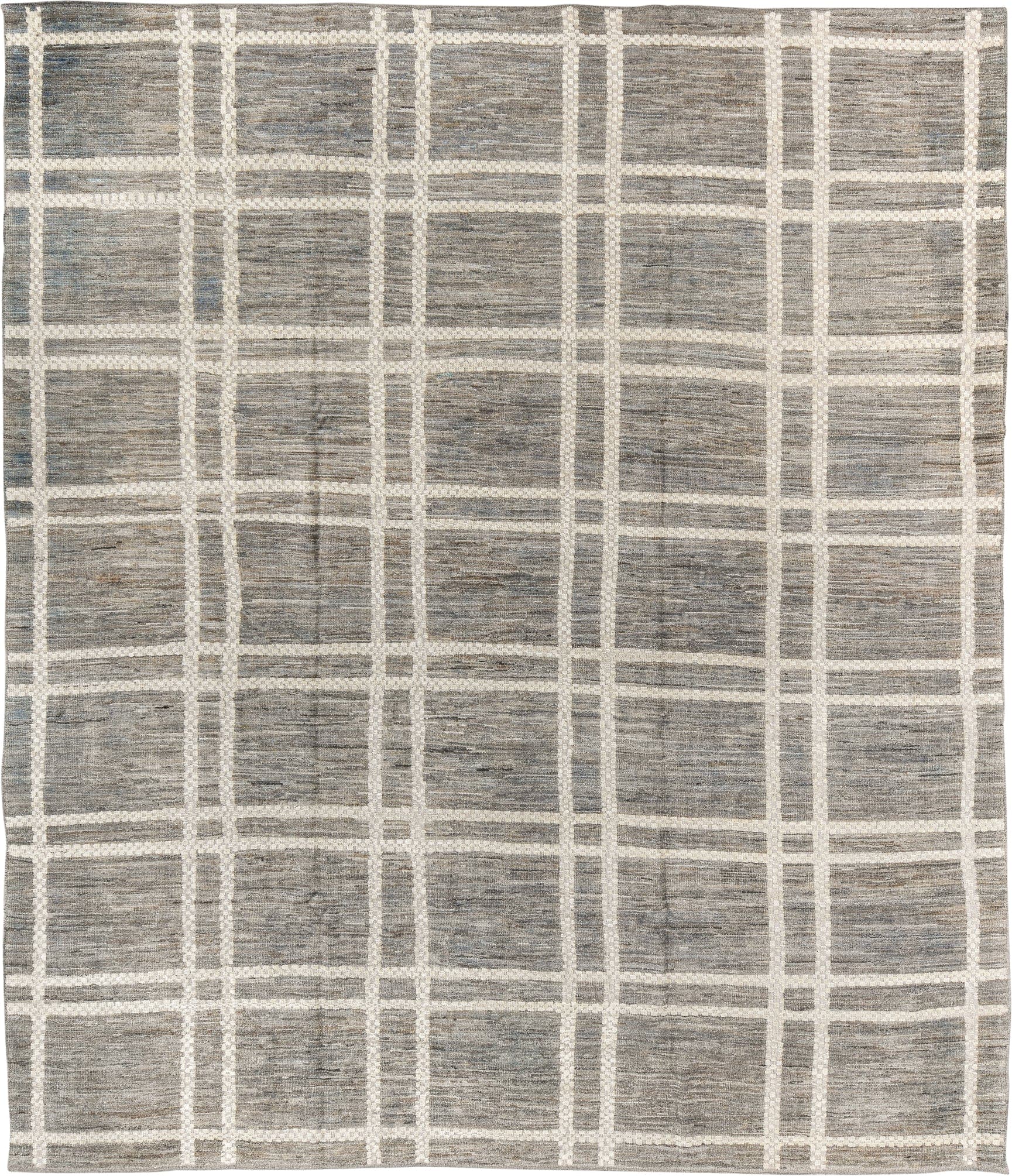 9' x 11' one-of-a-kind handmade vintage Tulu large size rug. Color palette: gray, ivory, taupe, slate, beige
