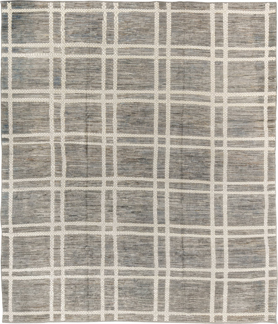 9' x 11' one-of-a-kind handmade vintage Tulu large size rug. Color palette: gray, ivory, taupe, slate, beige