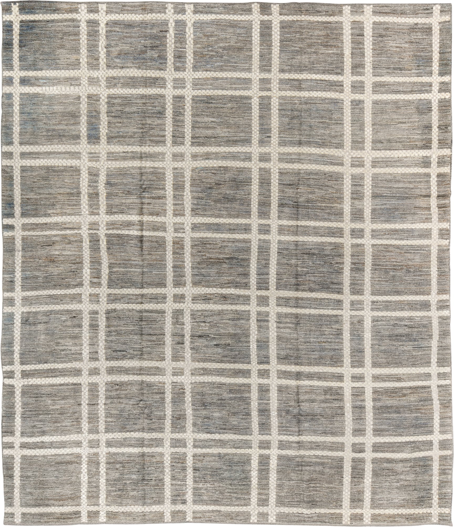 9' x 11' one-of-a-kind handmade vintage Tulu large size rug. Color palette: gray, ivory, taupe, slate, beige