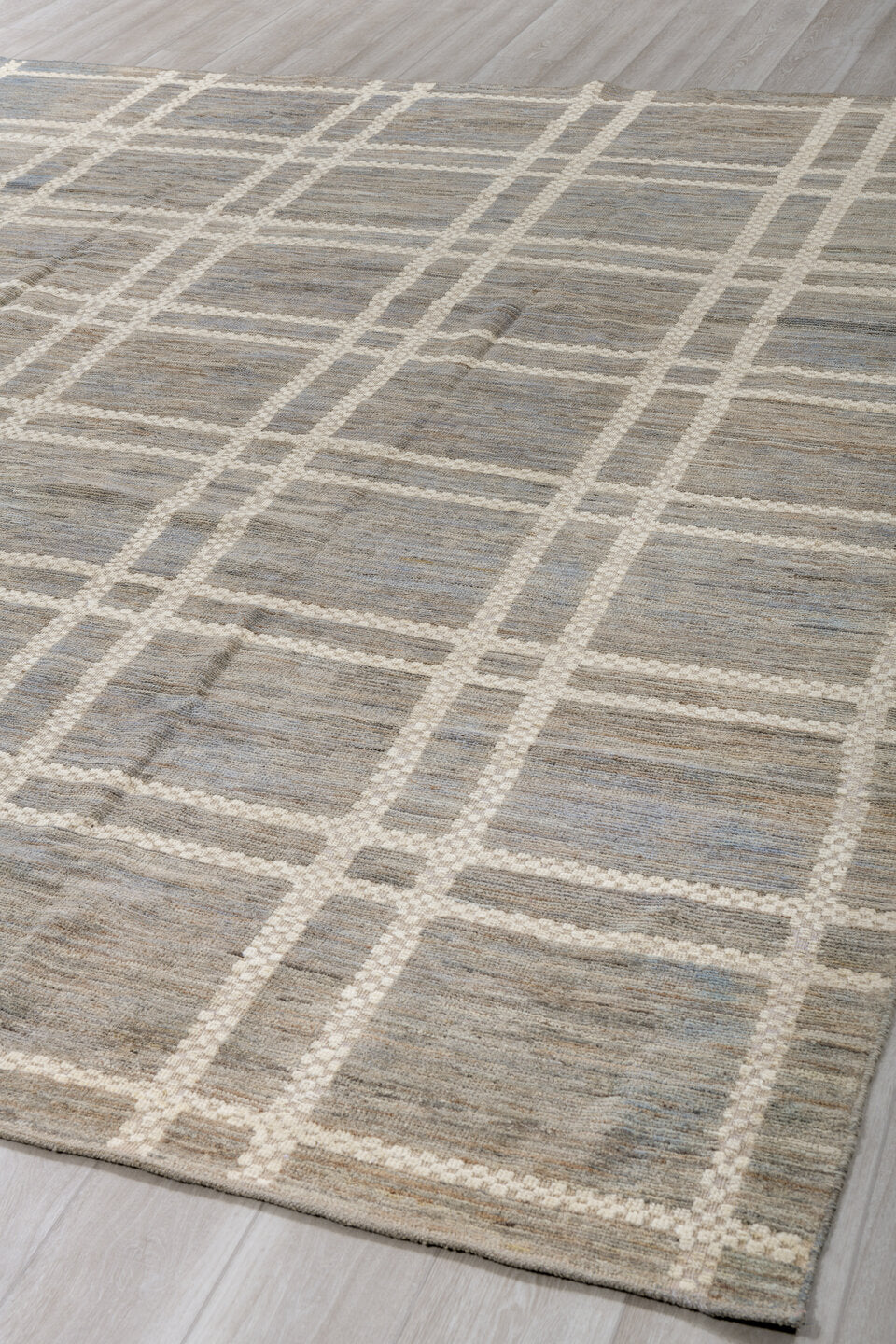 9' x 11' one-of-a-kind handmade vintage Tulu large size rug. Color palette: gray, ivory, taupe, slate, beige
