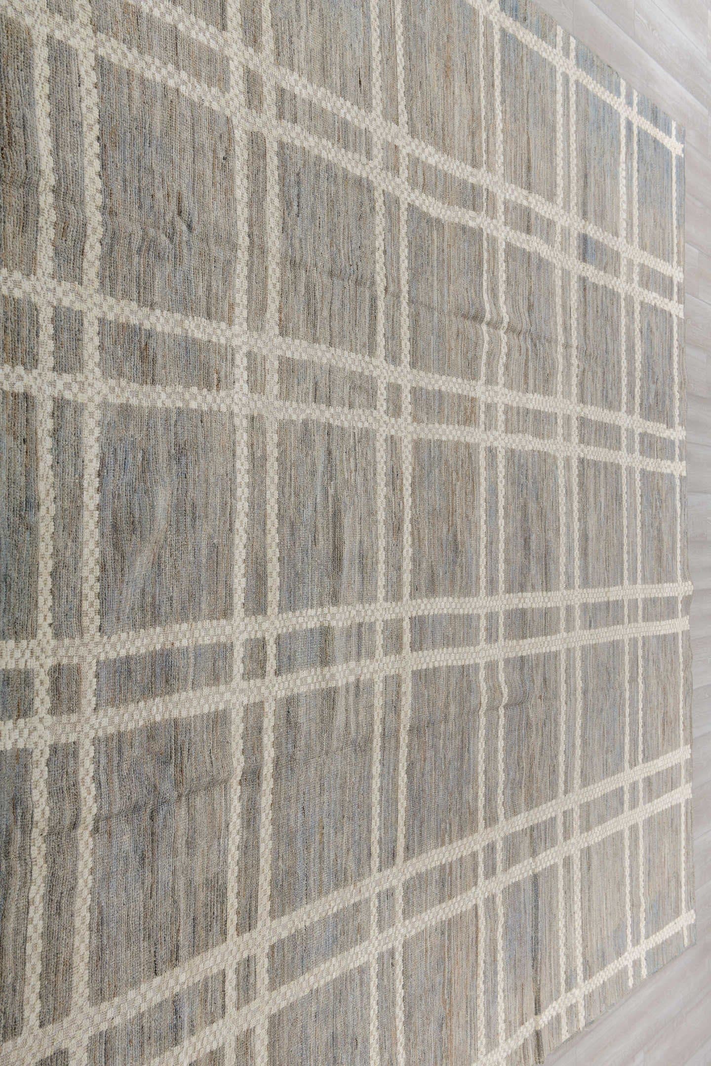 9' x 11' one-of-a-kind handmade vintage Tulu large size rug. Color palette: gray, ivory, taupe, slate, beige