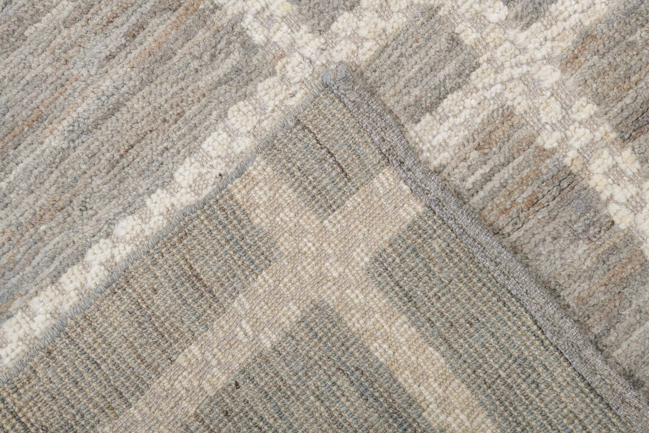 9' x 11' one-of-a-kind handmade vintage Tulu large size rug. Color palette: gray, ivory, taupe, slate, beige