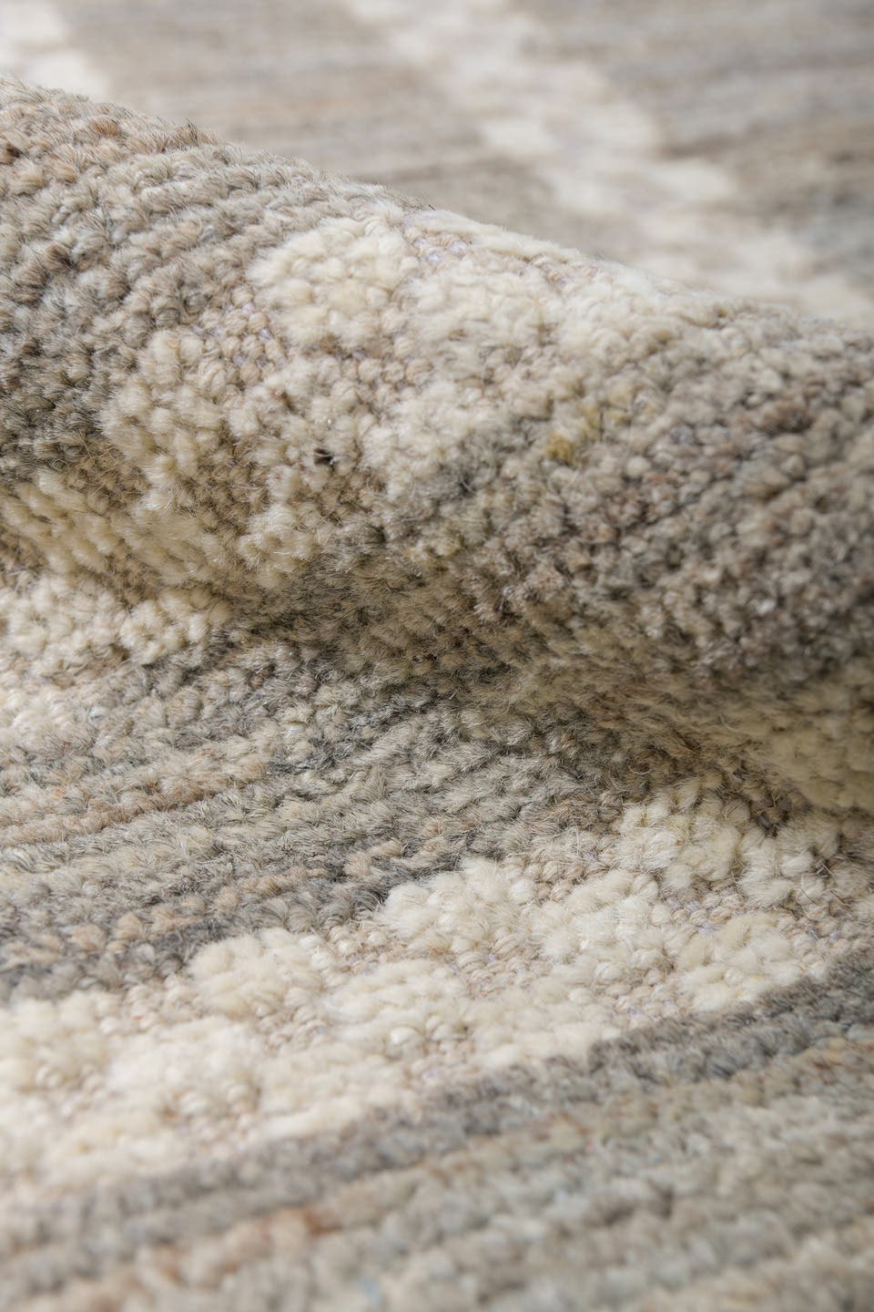 9' x 11' one-of-a-kind handmade vintage Tulu large size rug. Color palette: gray, ivory, taupe, slate, beige