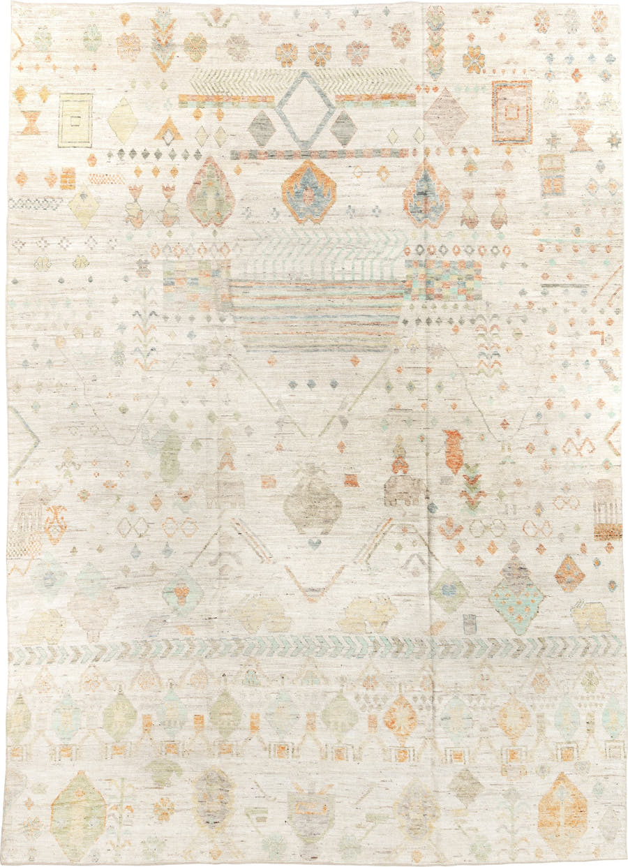 10' x 14' one-of-a-kind handmade vintage Tulu large size rug. Color palette: ivory, sage, aqua, apricot, taupe, pale gold