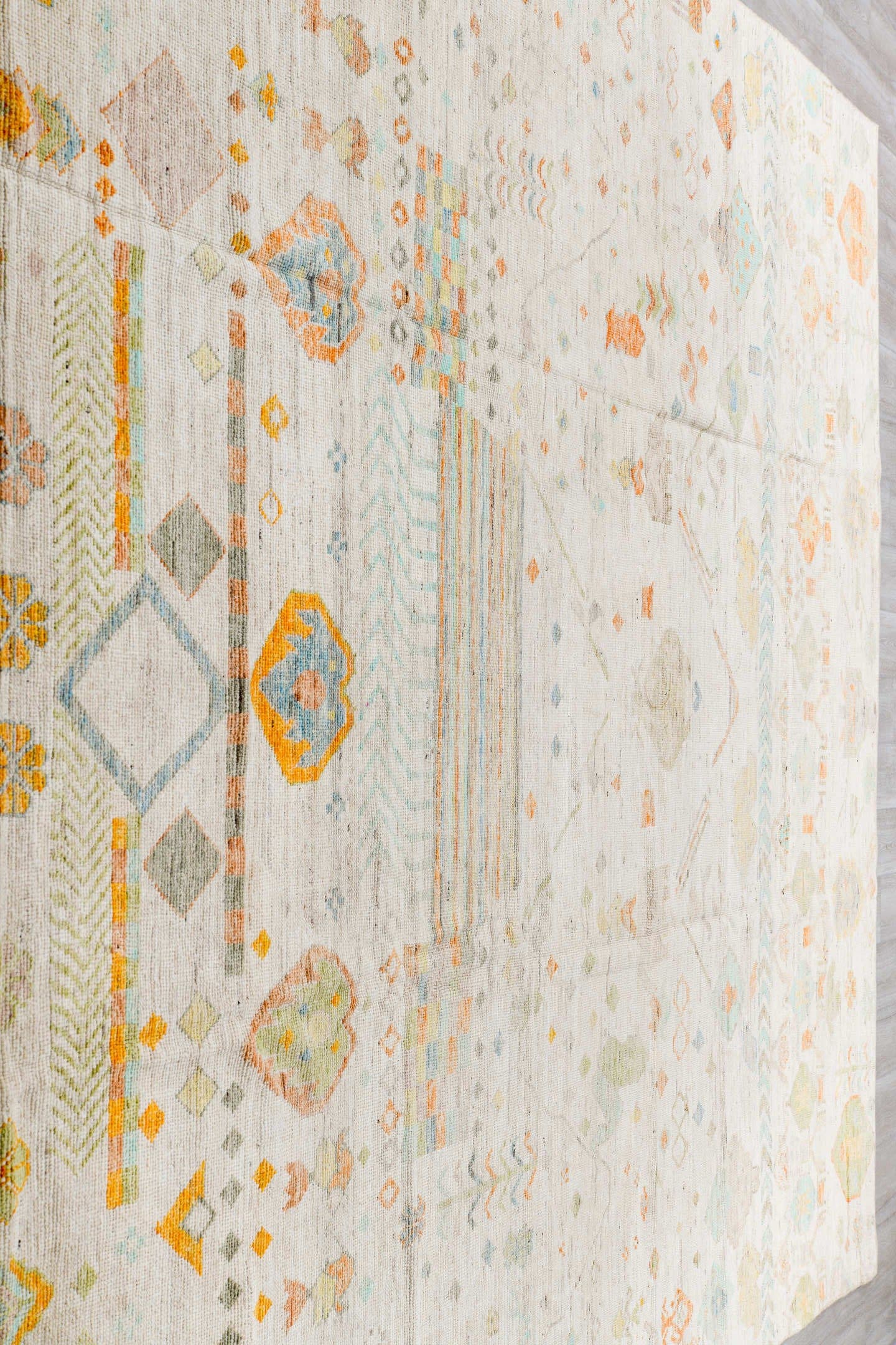 10' x 14' one-of-a-kind handmade vintage Tulu large size rug. Color palette: ivory, sage, aqua, apricot, taupe, pale gold