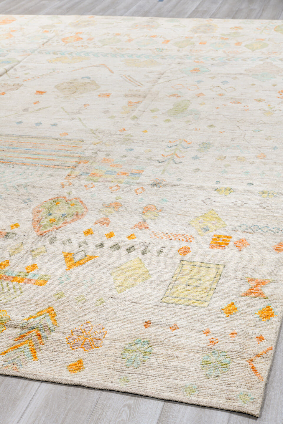 10' x 14' one-of-a-kind handmade vintage Tulu large size rug. Color palette: ivory, sage, aqua, apricot, taupe, pale gold