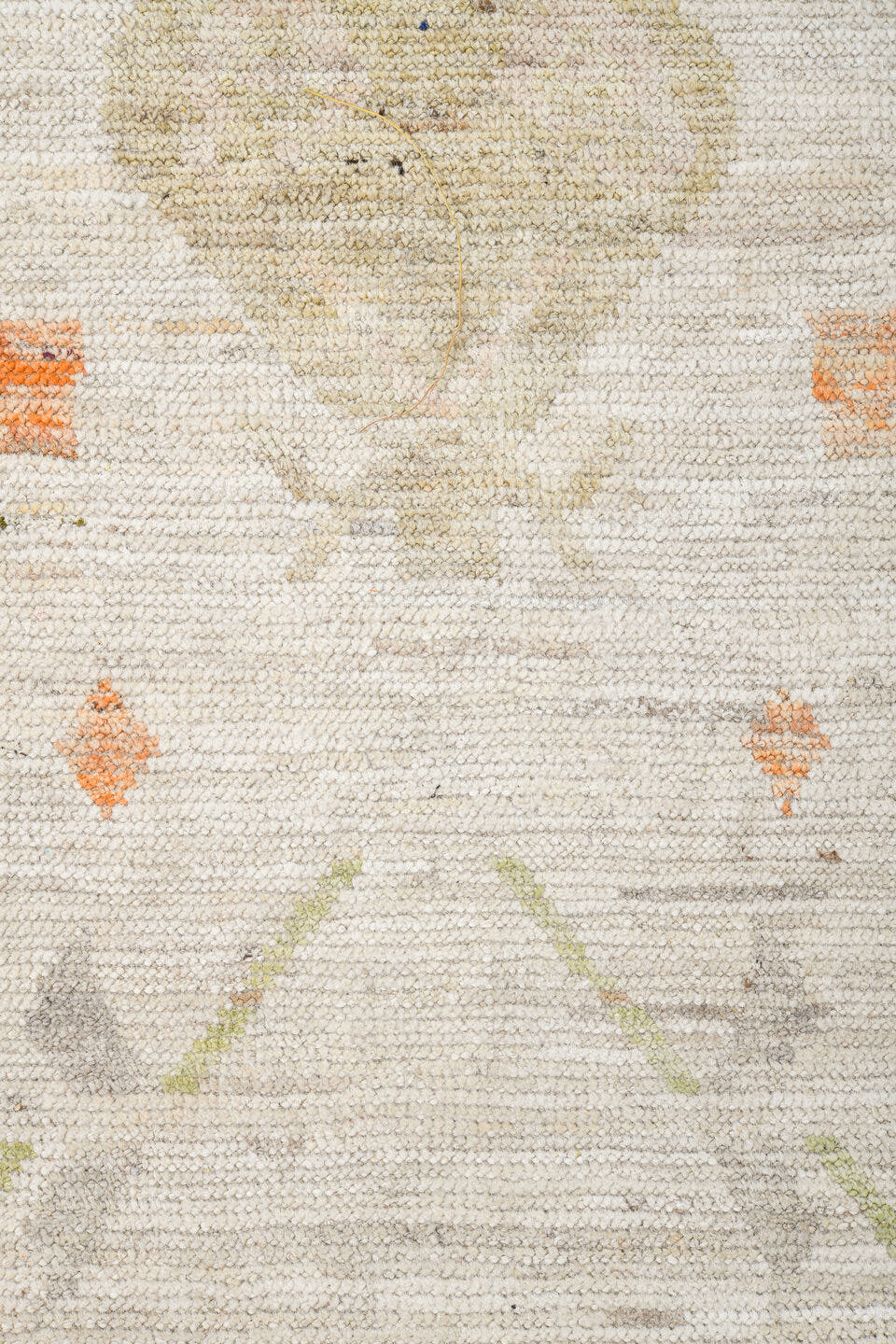 10' x 14' one-of-a-kind handmade vintage Tulu large size rug. Color palette: ivory, sage, aqua, apricot, taupe, pale gold