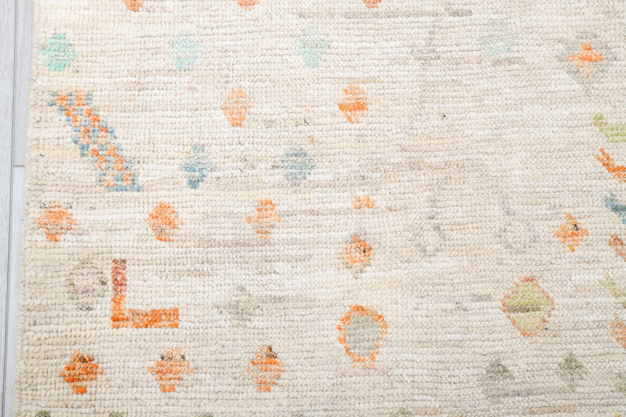 10' x 14' one-of-a-kind handmade vintage Tulu large size rug. Color palette: ivory, sage, aqua, apricot, taupe, pale gold