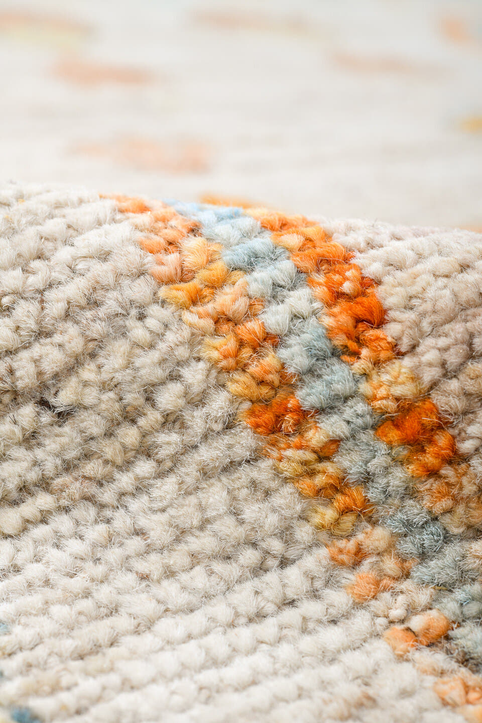 10' x 14' one-of-a-kind handmade vintage Tulu large size rug. Color palette: ivory, sage, aqua, apricot, taupe, pale gold