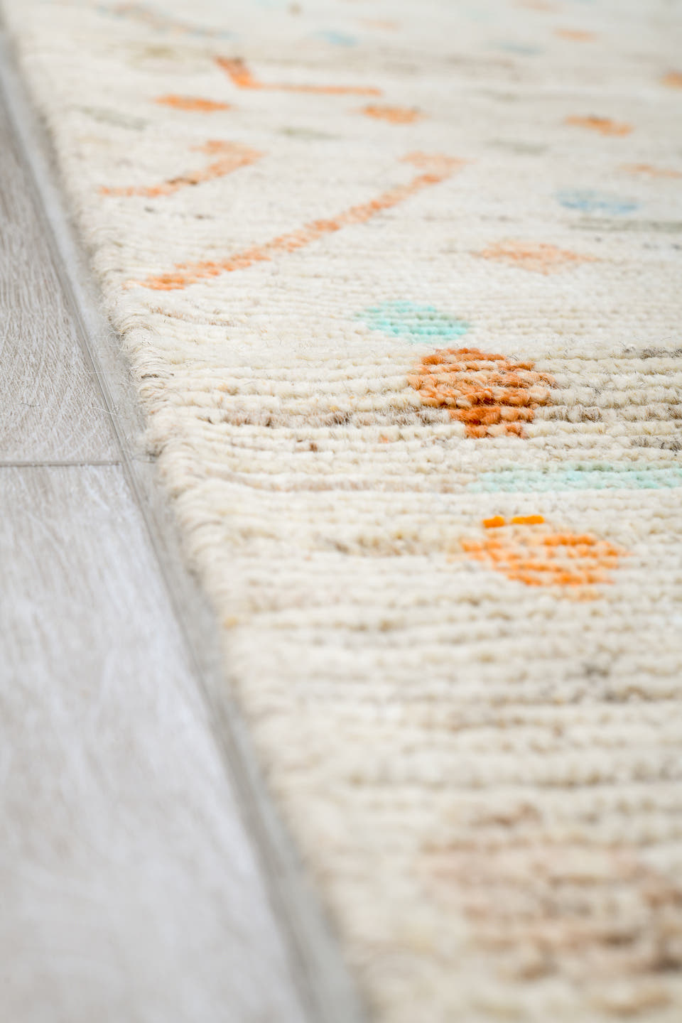 10' x 14' one-of-a-kind handmade vintage Tulu large size rug. Color palette: ivory, sage, aqua, apricot, taupe, pale gold
