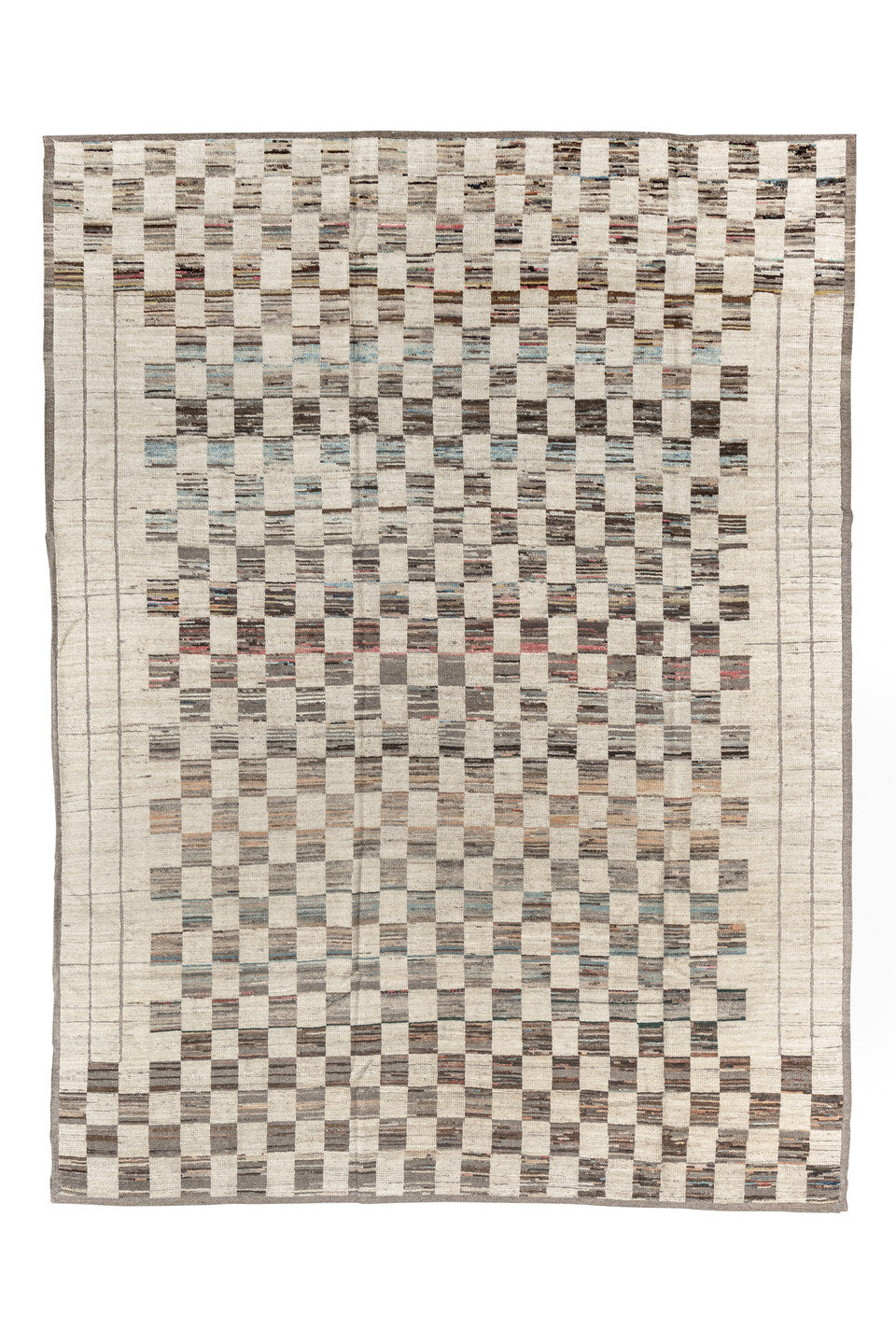 7' x 10' one-of-a-kind handmade vintage Tulu large size rug. Color palette: black, blue, brown, gainsboro, gray, light gray