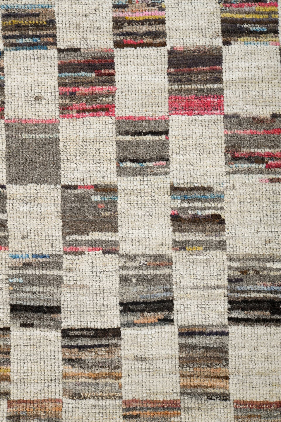 7' x 10' one-of-a-kind handmade vintage Tulu large size rug. Color palette: ivory, taupe, charcoal, camel, sky_blue, rose