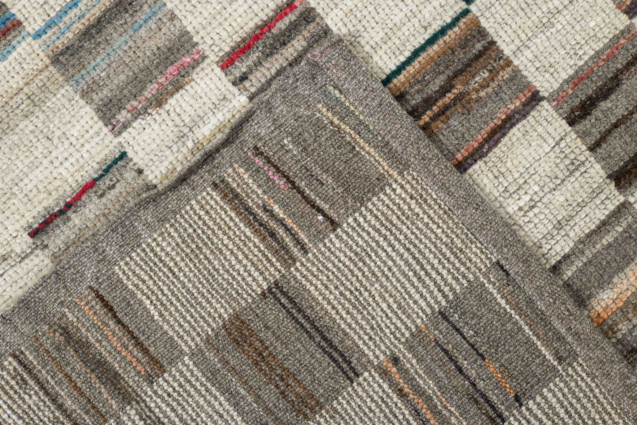 7' x 10' one-of-a-kind handmade vintage Tulu large size rug. Color palette: ivory, taupe, charcoal, camel, sky_blue, rose