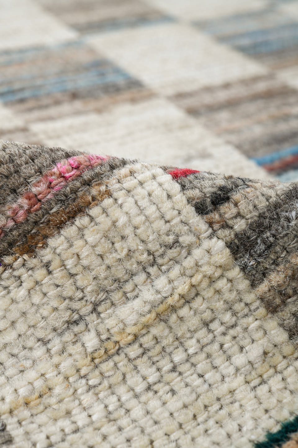 7' x 10' one-of-a-kind handmade vintage Tulu large size rug. Color palette: ivory, taupe, charcoal, camel, sky_blue, rose