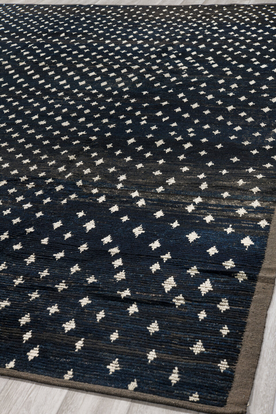 11' x 13' one-of-a-kind handmade vintage Tulu oversize rug. Color palette: charcoal, ivory, slate, blue gray, taupe, black