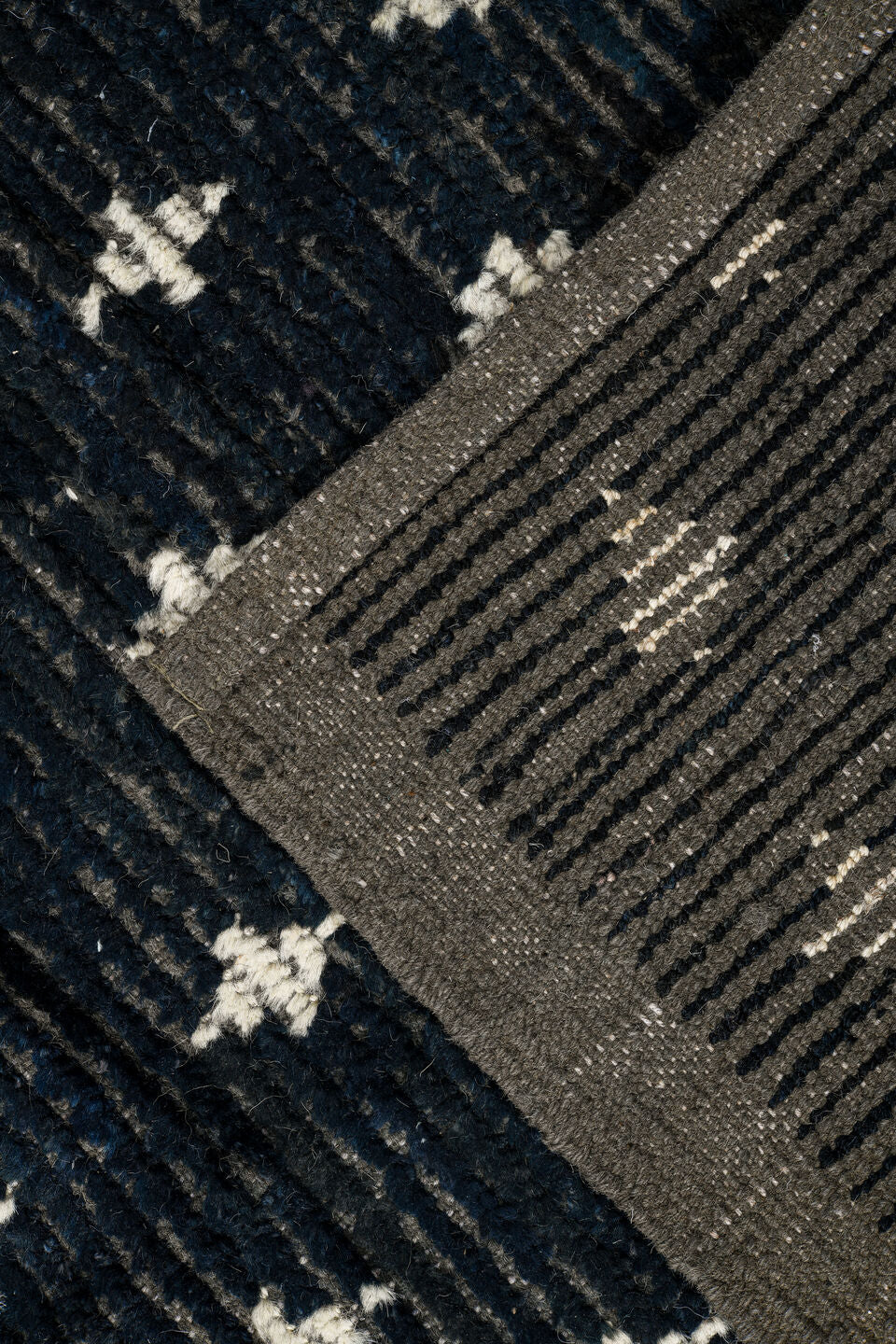 11' x 13' one-of-a-kind handmade vintage Tulu oversize rug. Color palette: charcoal, ivory, slate, blue gray, taupe, black
