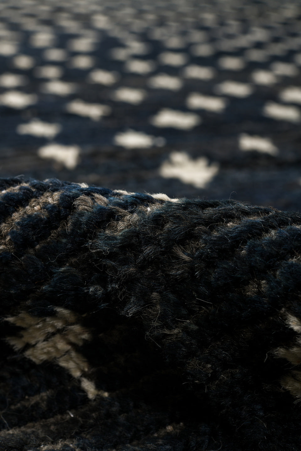 11' x 13' one-of-a-kind handmade vintage Tulu oversize rug. Color palette: charcoal, ivory, slate, blue gray, taupe, black