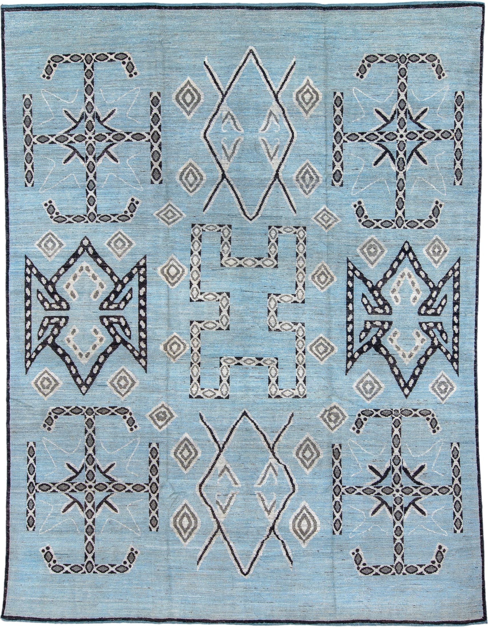 9' x 12' one-of-a-kind handmade vintage Tulu large size rug. Color palette: sky blue, charcoal, ivory, slate, light blue