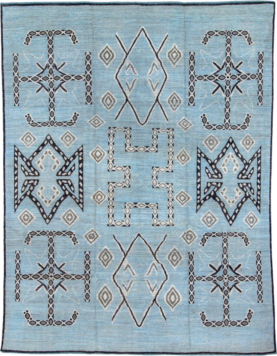 9' x 12' one-of-a-kind handmade vintage Tulu large size rug. Color palette: sky blue, charcoal, ivory, slate, light blue